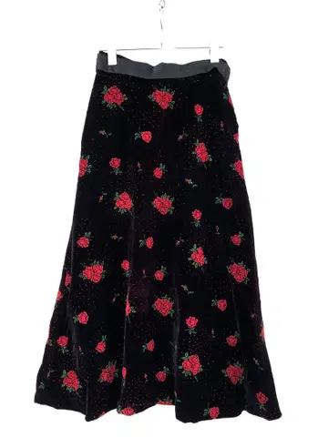 레트로 보헤미안 빈티지 구제 의류 장미 무늬 벨벳 롱 플레어 스커트