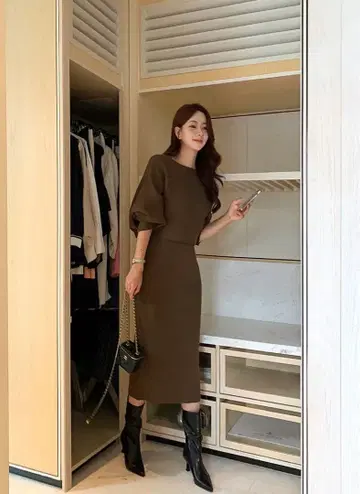 보트넥 돌먼 니트 & 슬리브리스 원피스 SET