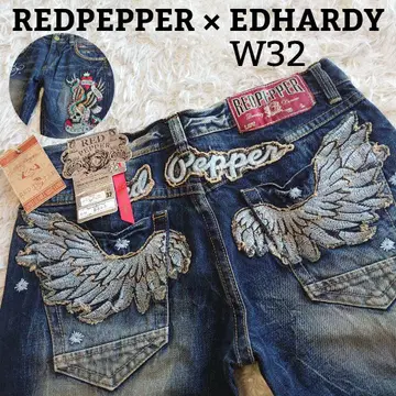[ 새상품 ] 레드페퍼 x 에드하디 와펜 자수 데미지 가공 데님