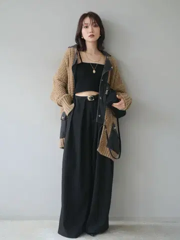 데님 옷깃 레이어드 니트 자켓 + 벨트 루프 디자인 와이드 팬츠