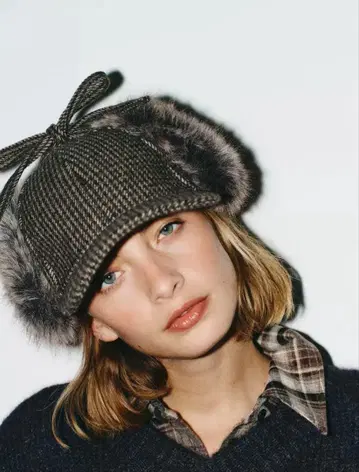 ZARA 신상 완판 울 소재 귀도리 체크 무늬 캡 새상품