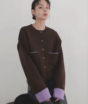 LIAN 바이컬러 니트 가디건 브라운