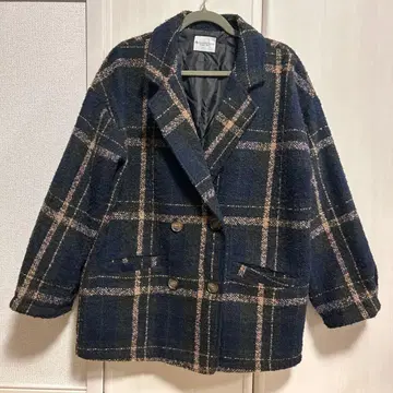 부클레 기모 체크 무늬 오버 사이즈 더블 자켓 코트