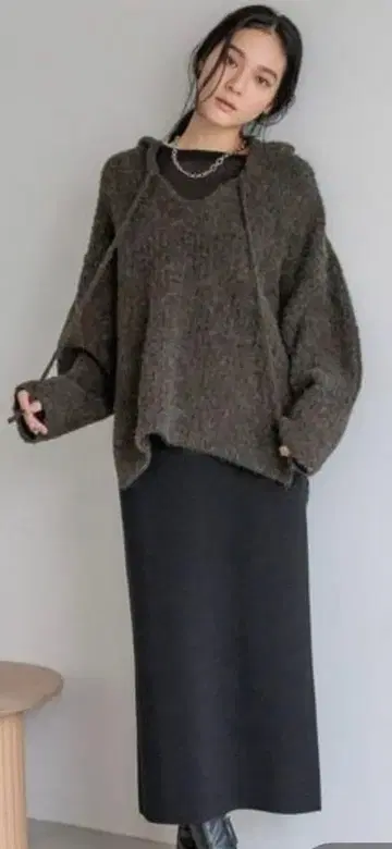 로리즈팜 멜란지 후드 니트 풀오버 차콜 그레이