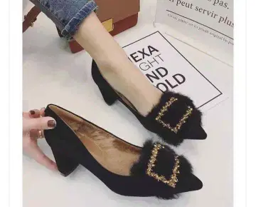 가을 겨울용 퍼 장식 따뜻한 스웨이드풍 펌프스 청키힐 25cm