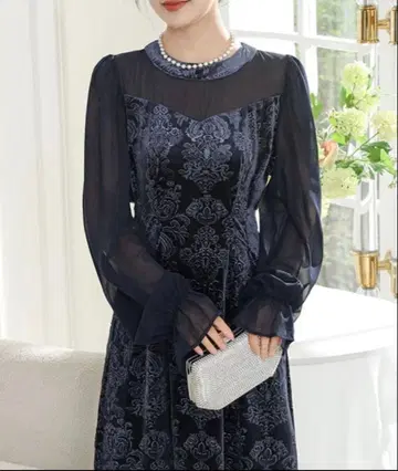 네이비 꽃무늬 롱 드레스 포멀