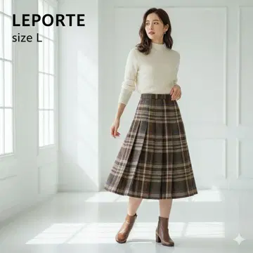 새상품급 울 100% LEPORTE 체크 플리츠 스커트 L 브라운