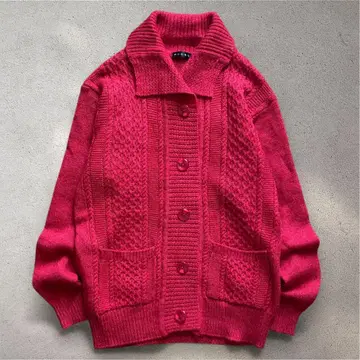 핑크 빨간색 케이블 니트 가디건 울 니트 카라 부착 가디건