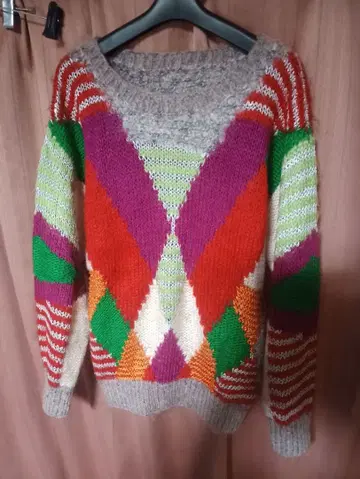 일품 80s 90s 컬러풀 기하학 패턴 모헤어 니트 스웨터 크레이지 패턴