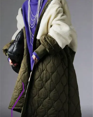 이종 소재 절개 퀼팅 빅 지퍼 롱 코트 여성용 보아