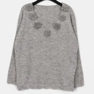 v넥 니트 오프숄더 꽃 스웨터