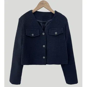 V넥 골드 버튼 트위드 자켓 숏 기장