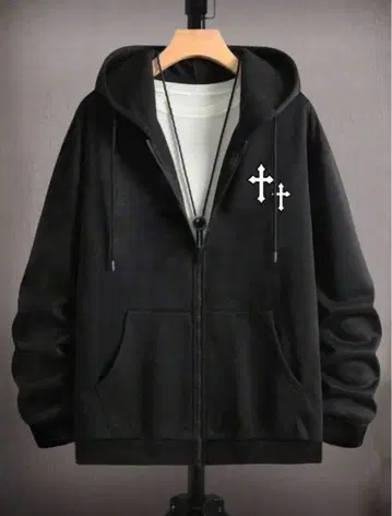 블랙 크로스 자수 후드티