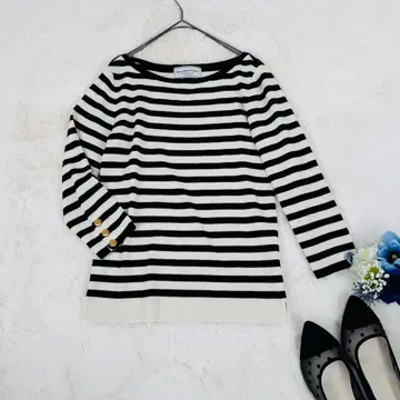 Deuxieme Classe 보트넥 보더 골드 버튼 7부 소매 니트