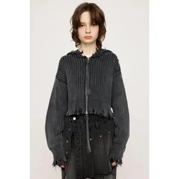 SLY 후드 부착 그레이 크롭 니트 더블 지퍼