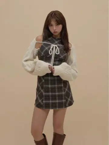 Andmary Mimi check set mini dress brown