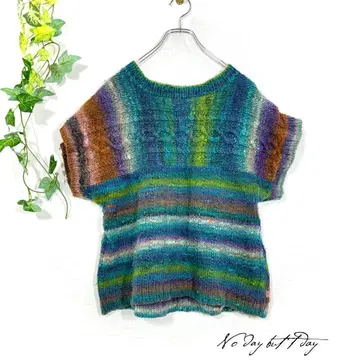 손뜨개질풍 멀티 컬러 보더 반팔 니트 케이블 짜임 돌먼 루즈핏