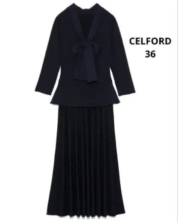 새상품급 셀포드 원피스 롱 플리츠 플레어 절개 보타이 네이비