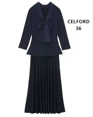 새상품급 셀포드 원피스 롱 플리츠 플레어 절개 보타이 네이비