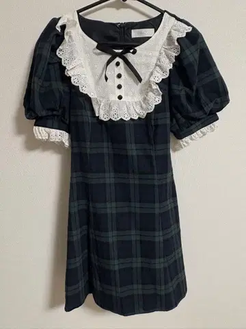 pium 코튼 레이스 도리 카페 원피스 그린 체크