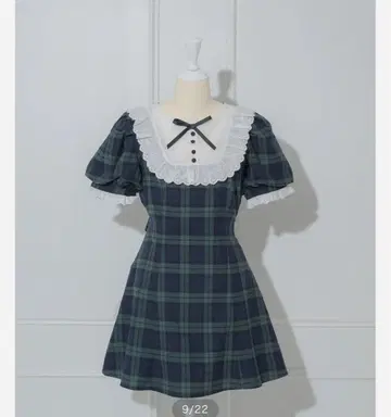 pium 코튼 레이스 도리 카페 원피스 그린 체크