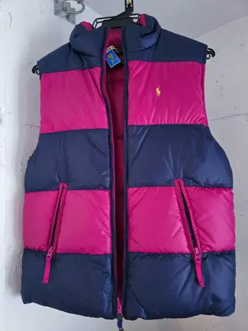 랄프 로렌 160 S~M 네이비 마젠타 계열 핑크 리버서블 다운 베스트