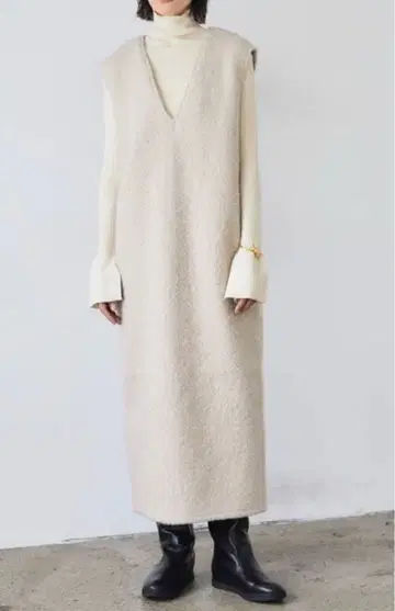 새상품 페이크 울 V넥 보아 원피스 그레이지 M