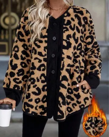 레오파드 무늬 스플라이싱 퍼 자켓
