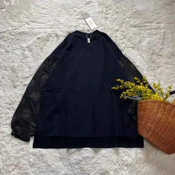 새상품 도트 무늬 소매 티셔츠 이소재 코튼 네이비 M~L