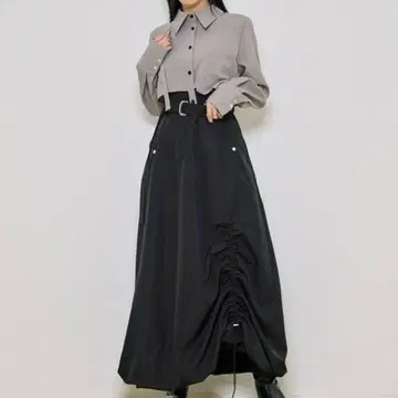 united tokyo 벌룬 원피스 그레이/블랙 반팔 벨트 포함