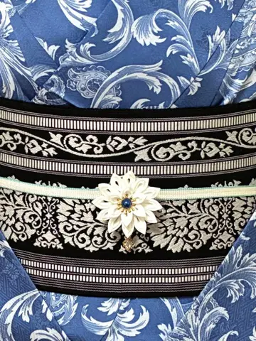 반폭 오비 꽃+덩굴 패턴 블랙 x 실버 그레이