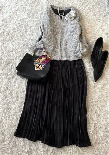 큰 키 엄마 그린 라벨 트위드 노카라 자켓 졸업식 입학식 L