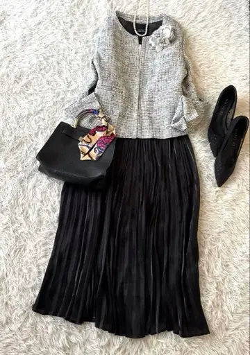 큰 키 엄마 그린 라벨 트위드 노카라 자켓 졸업식 입학식 L