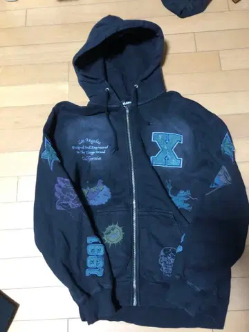 다크 블루 풀 집업 후드티 그래픽 프린트 x-LARGE