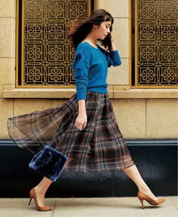 택 포함 새상품 마이 스트라다 체크 무늬 롱 스커트 파랑 M