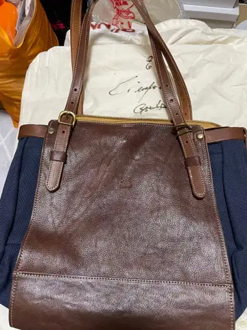 택 포함 새상품 LEDER'MAKES 가죽과 네이비 캔버스 토트백