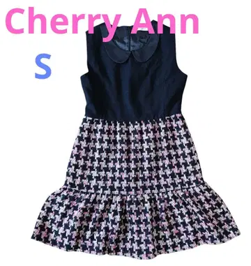 블랙과 핑크 체크 무늬 트위드 원피스 둥근 카라 귀여운 계열 S 사이즈