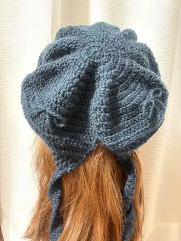 다크 블루 니트 모자 리본 포함