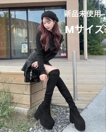 Cherimi 통굽 스트레치 니하이 부츠 블랙 M 사이즈