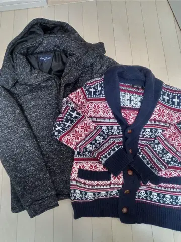 스컬 패턴 니트 가디건 그레이 아우터 세트 M 사이즈