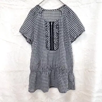 믹싱 블루 블라우스 튜닉 깅엄 체크 프릴 허리 조임