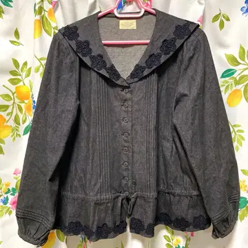 컨디션 최상 전원시 세일러 카라 블라우스 데님 플라워 모티브 레이스