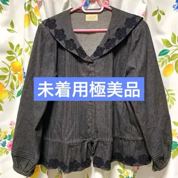 컨디션 최상 전원시 세일러 카라 블라우스 데님 플라워 모티브 레이스