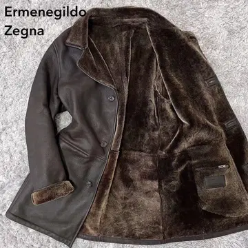 컨디션 최상 제냐 무스탕 코트 롱 기장 다크 브라운 가죽 택 L 상당