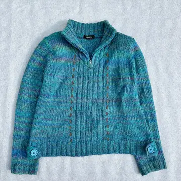 하프 지퍼 니트 S 터콰이즈 블루 숏 기장 모헤어 양모 y2k