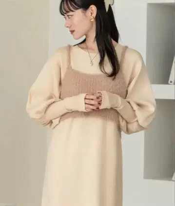 베이지 니트 레이어드 롱 원피스
