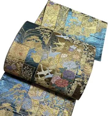 A 177 후쿠로 오비 육통 화문 패턴 금실 꽃과 새 순수 실크 기모노