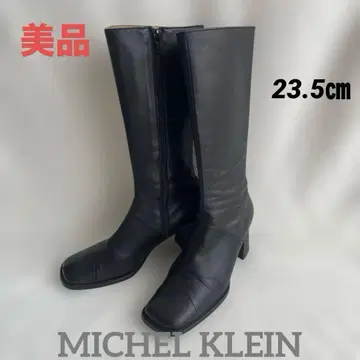 새상품급 미쉘클랑 23.5 블랙 가죽 스퀘어토 롱 부츠 일본제