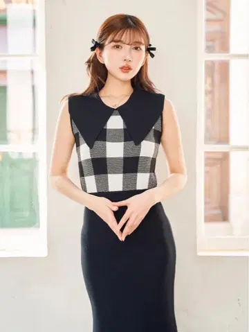 Darich 빅 칼라 깅엄 체크 니트 롱 원피스