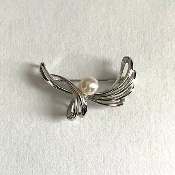 SILVER vintage 1P pearl brooch top 2way